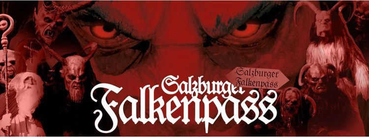 Krampusse und Nikolaus vor rotem Hintergrund, Schriftzug Salzburger Falkenpass